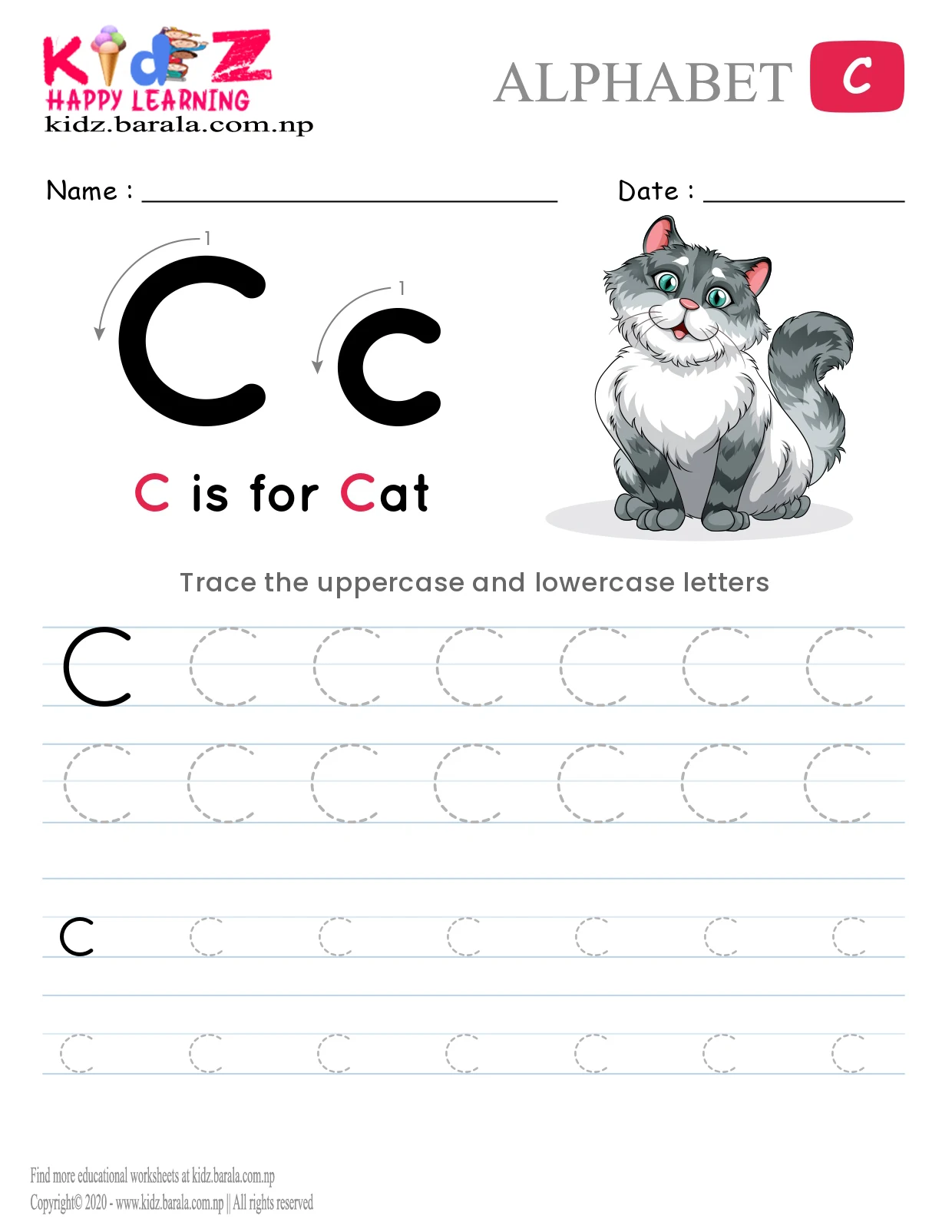 Alphabet C tracing worksheet free download .pdf