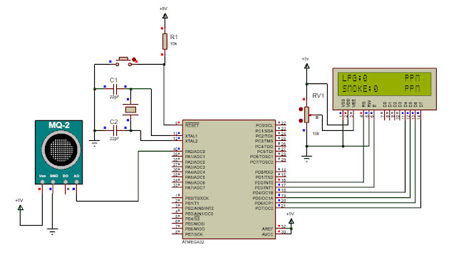 Circuit Diagram of Interfacing MQ-2 Gas Sensor with ATmega32 and LCD