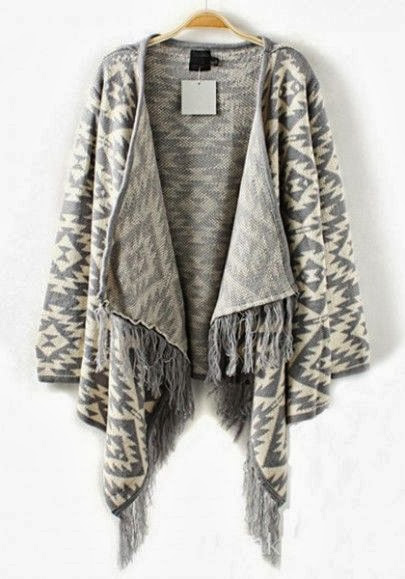 Grey Geometric Irregular Tassel Cotton Blend Cardigan