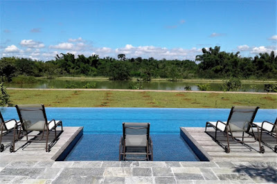 A piscina, de borda infinita, oferece visão para um lago com mata ciliar.