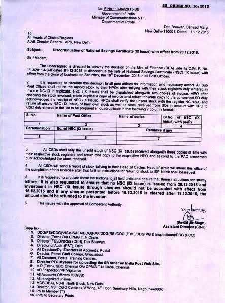 SB Order No. 16/2015 : Discontinuance of NSC (IX Issue) with effect from 20.12.2015