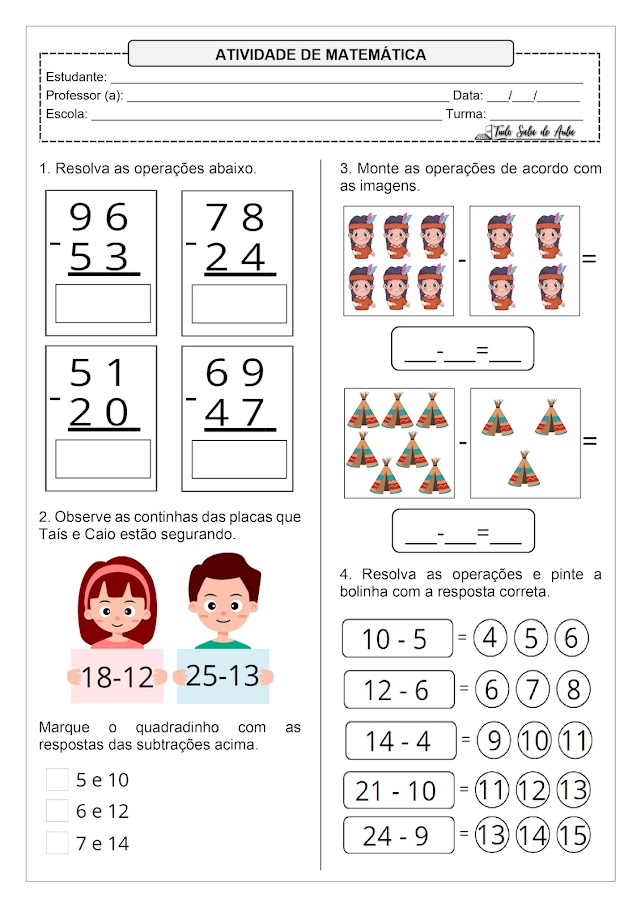 Atividades de Subtração para o 1° ano