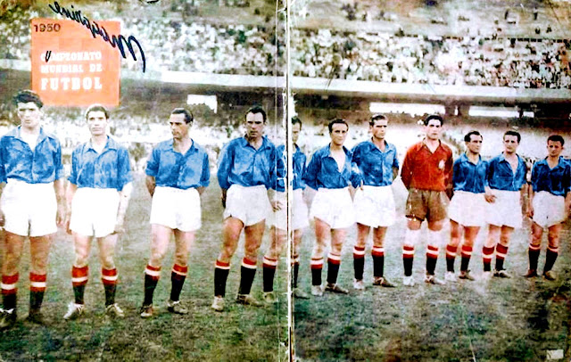 SELECCIÓN DE ESPAÑA. Temporada 1949-50. Parra, Gaínza, Panizo, Zarra, Igoa, Basora, Puchades, Ramallets, Gabriel Alonso, Gonzalvo II y Gonzalvo III. SELECCIÓN DE CHILE 0 SELECCIÓN DE ESPAÑA 2. 29/06/1950. IV Copa del Mundo Brasil 1950, primera fase, Grupo II, 2º partido. Río de Janeiro, Brasil, estadio de Maracaná. GOLES: 0-1: 17’, Basora. 0-2: 33’, Zarra.