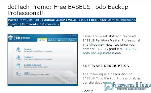 Offre promotionnelle : EASEUS Todo Backup Professional gratuit !