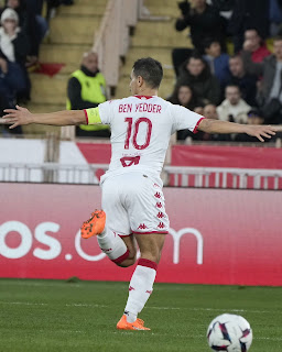 Wissam Ben Yedder celebrates after scoring for AS Monaco in the Ligue 1 match against Paris Saint-Germain (PSG) at the Stade Louis II, Monaco, on Saturday 11 February, 2023