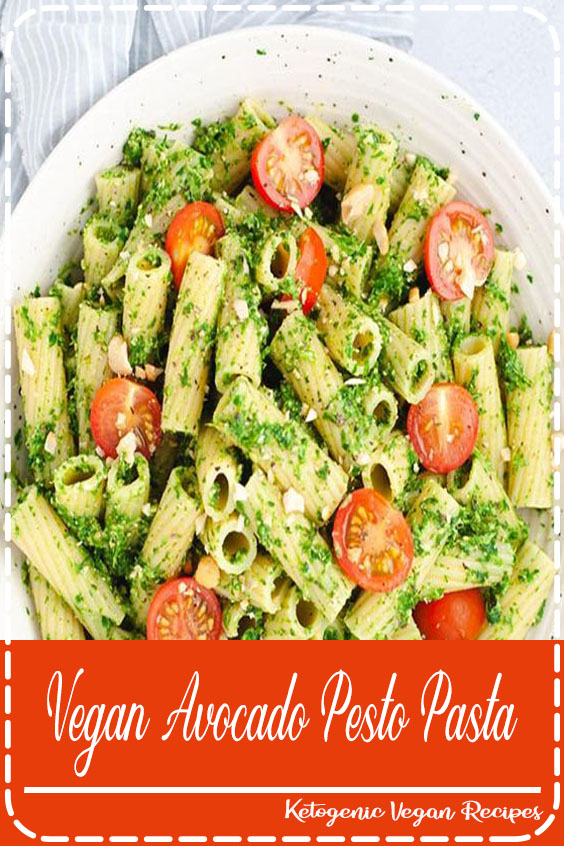 Flavorful vegan pasta made with avocado, spinach, and classic pesto ingredients.