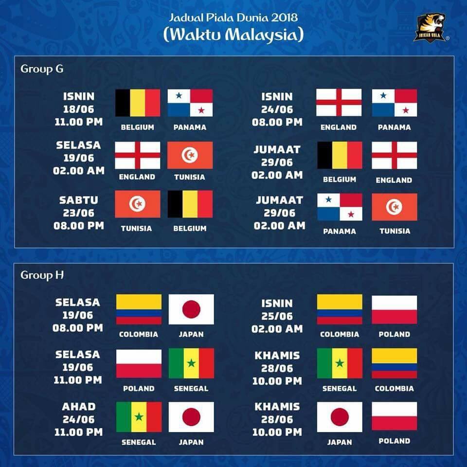 Jadual Penuh Waktu Malaysia Piala Dunia Rusia 2018