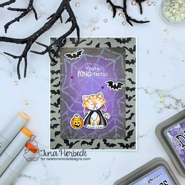 You're Fang-tastic Card by Tina Herbeck | Count Newton Stamp Set, Spiderweb Stencil, Halloween Woofs Paper Pad, and Frames & Flags Die Set by Newton's Nook Designs #newtonsnook #handmade