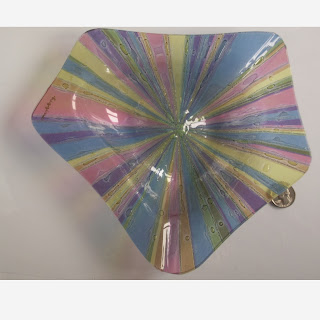 Mid Century Modern pink blue green yellow purple Higgins Art Glass Starburst Signed 