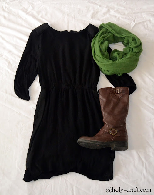 little black dress with scarf and boots