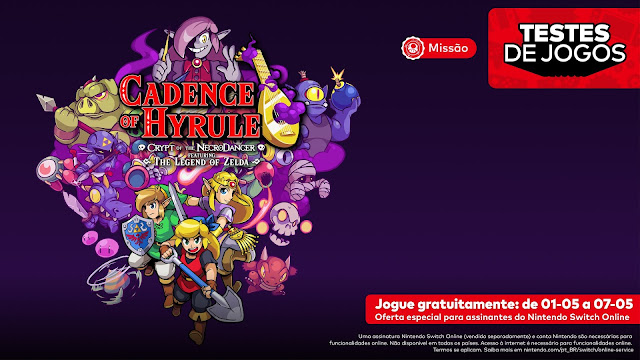 Arte de Cadence of Hyrule com o logo do game, uma ilustração de personagens do jogo e informações sobre quando o game estará disponível nos Testes de Jogos