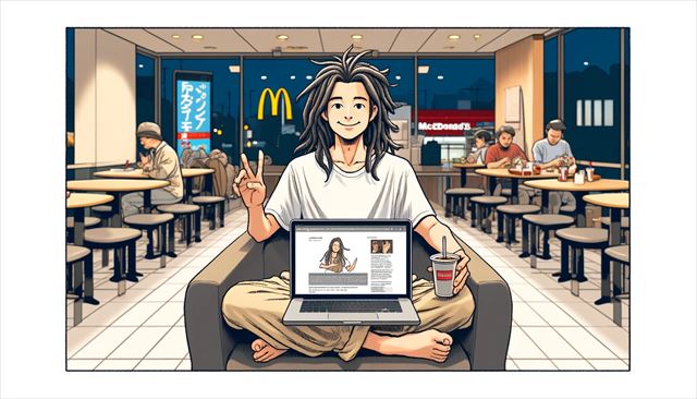 Create a wide illustration showing a casual Japanese man with dreadlocks, comfortably working at a McDonald's late at night. He is now accustomed to the public setting and no longer feels the need to shield his monitor from prying eyes. Include elements like his laptop open with blog content visible, a relaxed and content expression on his face, and the typical interior of a McDonald's around him. The illustration should capture a moment of personal growth in his public working habits and the contemplation of starting a YouTube channel, all depicted in a simple and minimalistic style.