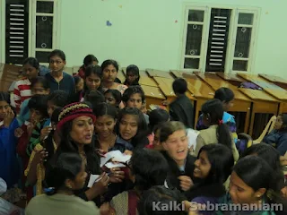 The big rush: Children at Montfort International School getting autographs from Kalki