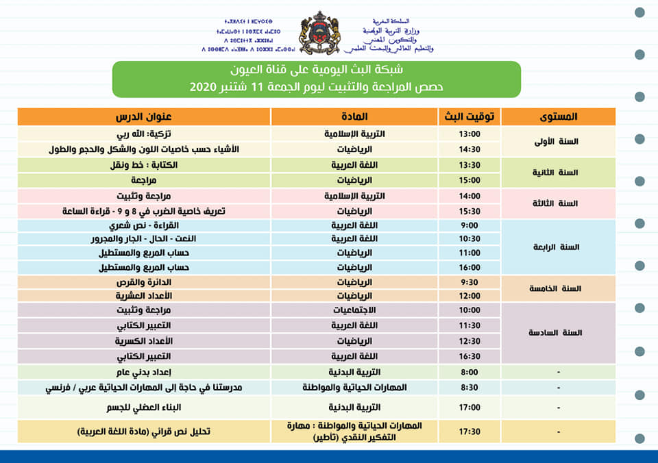 شبكة بث حصص المراجعة والتثبيت ليوم 11 شتنبر 2020 على قنوات الثقافية و العيون و الأمازيغية