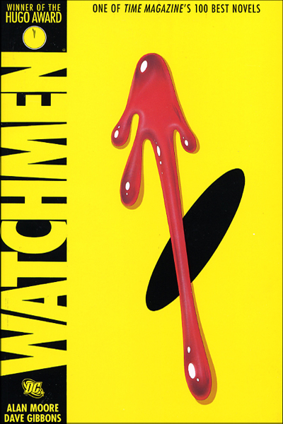 'Watchmen' book cover of extreme close-up on smiley-face showing only one black oval 'eye' against yellow field with red splotch of blood