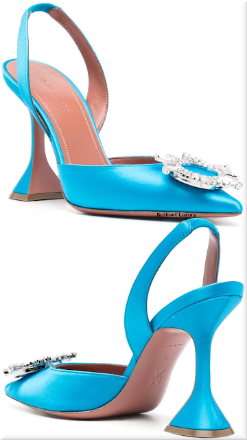 ♦Pantone Blue Atoll Amina Muaddi Begum 95mm satin slingback pumps #aminamuaddi #pantone #shoes #blue #brilliantluxury