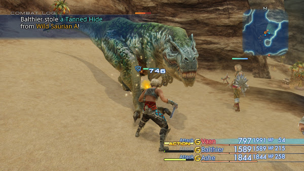 Screenshot: Protagonists Vaan, Ashe and Balthier fight a (relatively small) Tyrannosaurus in a desert.