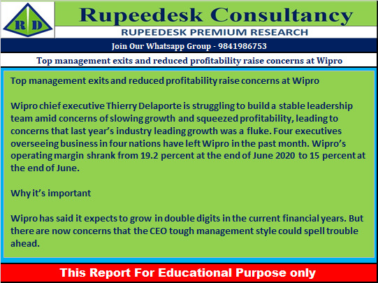 Top management exits and reduced profitability raise concerns at Wipro - Rupeedesk Reports - 20.09.2022