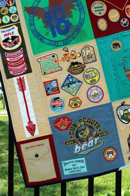 Boy Scout memory Quilt, given at Eagle Scout ceremony, great way to display saved scouting memorabili, pins, uniforms, and badges