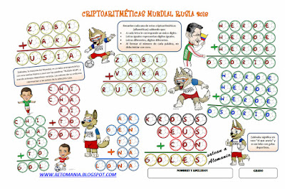 Criptoaritmética, Criptosumas, Alfaméticas, Mundial Rusia 2018, Mundial de fútbol, Juego de letras, Retos matemáticos, Desafíos matemáticos, Problemas matemáticos, Problemas de lógica