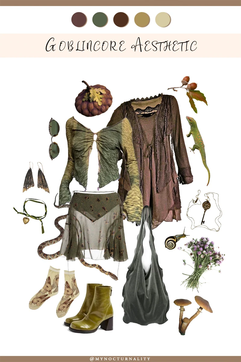 aesthetic collage with things and outfit inspired by the goblincore Aesthetic