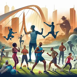 The image depicts a diverse group of individuals engaged in various fitness activities, set against the backdrop of Abuja's skyline.