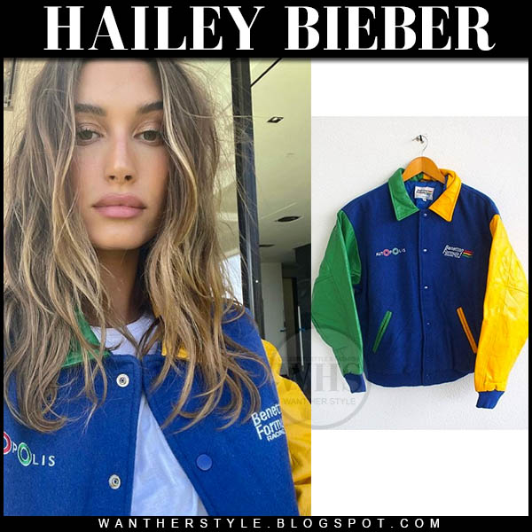 Hailey Baldwin in blue and yellow sports jacket