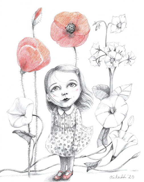 Poetry illustration #AideArt pencil drawing girl red poppy flowers