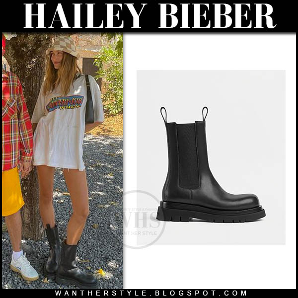 Hailey Bieber in white t-shirt and black combat boots
