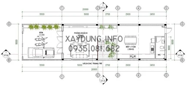Mặt bằng bố trí tầng 1 nhà phố kích thước 5*20m