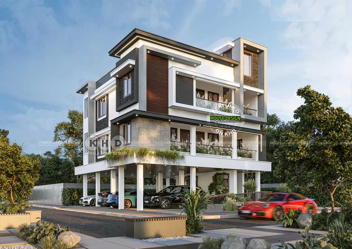 Aerial view of the three-floor small apartment in Edappally, Ernakulam, Kerala, showcasing its innovative design and captivating exterior elevation