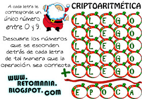 Alfaméticas, Alfamética, Criptoaritmética, Criptosuma, Navidad, Retos matemáticos, Desafíos matemáticos, Problemas matemáticos, Problemas de ingenio, Problemas matemáticos con solución