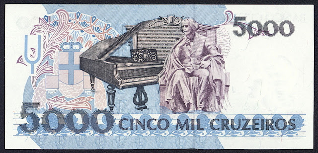 Brazil money currency 5000 Cruzeiros banknote 1990 Carlos Gomes statue, grand piano