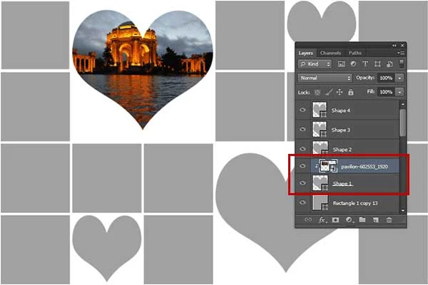 the content of the Shape layer, clips the image layer.