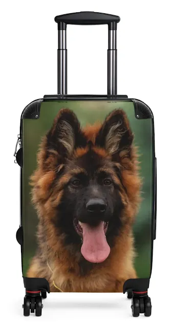 Travel Suitcase With Close Up Face of Beautiful Red and Black Young German Shepherd Leaving Tongue Out