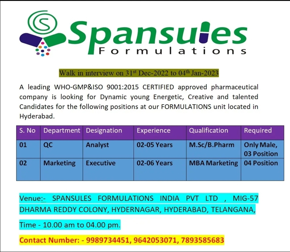 Job Availables, Spansules Formultaions Walk In Interview For Qc/ Marketing-Department For MSc/ B Pharm/ MBA