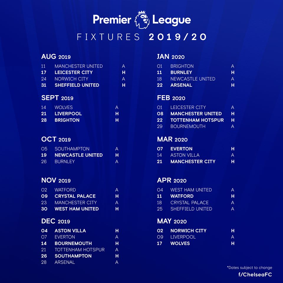 Jadual Epl Pasukan Chelsea Musim 2019 20 Yusufultraman Com