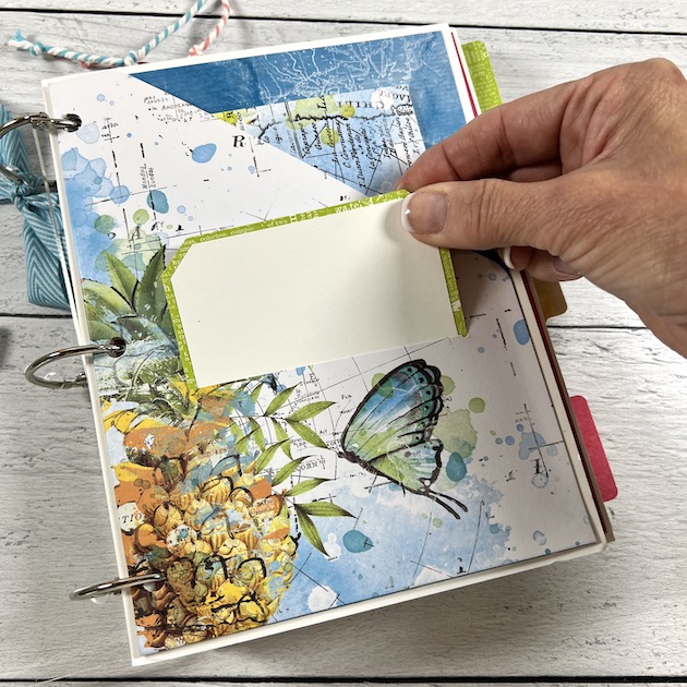 Summer Scrapbook Album page with watercolor pineapple, butterfly, and palm fronds