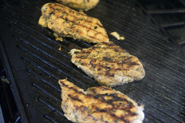 The chili lime chicken on the grill pan, with grill marks.