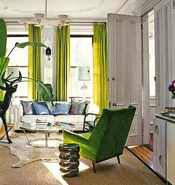 modern white  living room with pop of color green