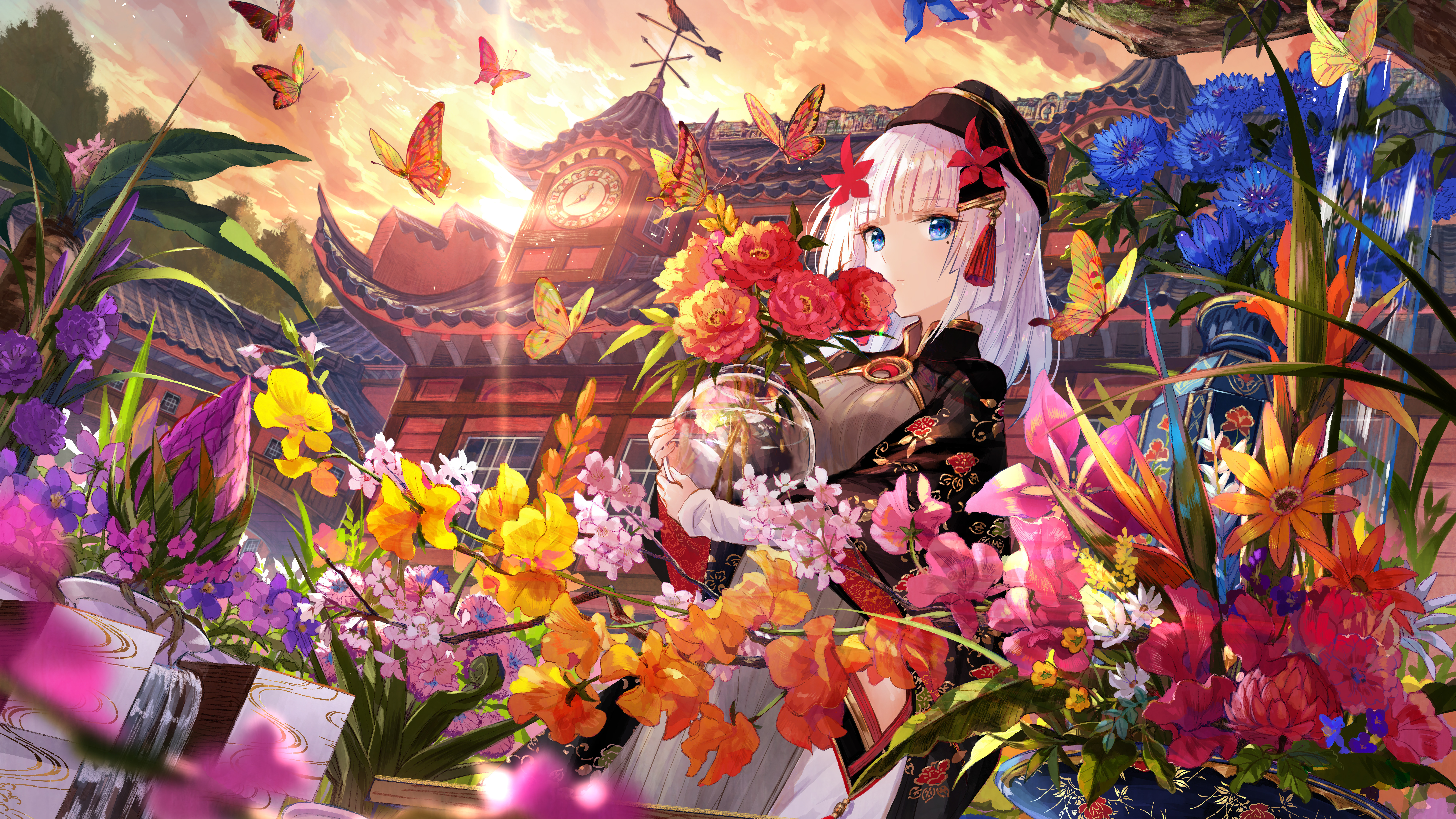 Anime, Girl, Butterfly, Beautiful, Flowers, 8K, #129 Wallpaper