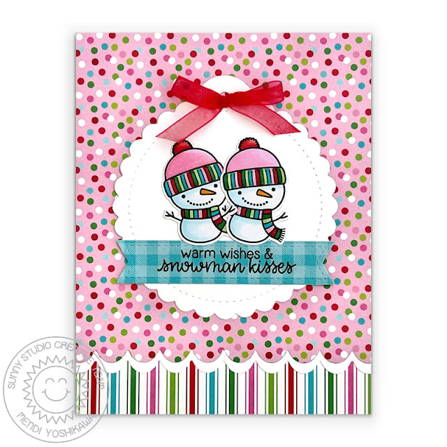 Sunny Studio Pink Polka-dot Snowmen Christmas Card (using Snowman Kisses Stamps, Joyful Holiday Paper, Icing Border, Scalloped Circle Tag & Stitched Rectangle Dies)