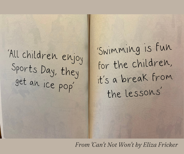 text stating 'all children enjoy sports day, they get an ice pop' and 'swimming is fun for the children, they get a break from lessons'