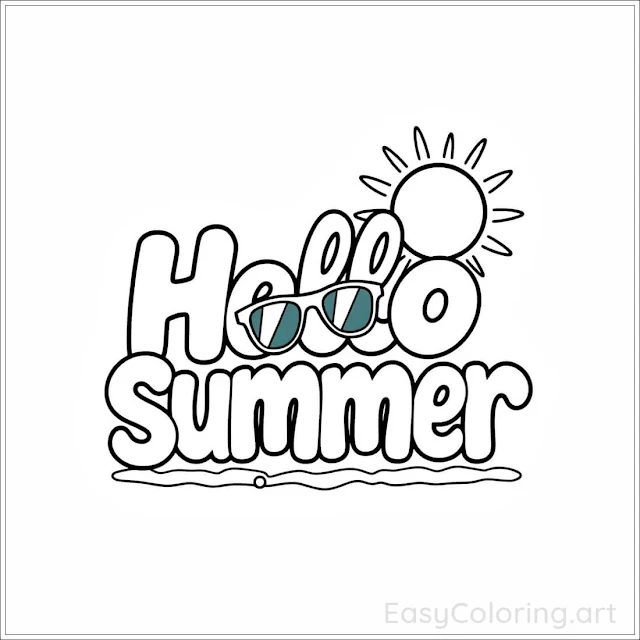 Hello summer coloring pages with bold letters, sunshine, and summer vibes for kids