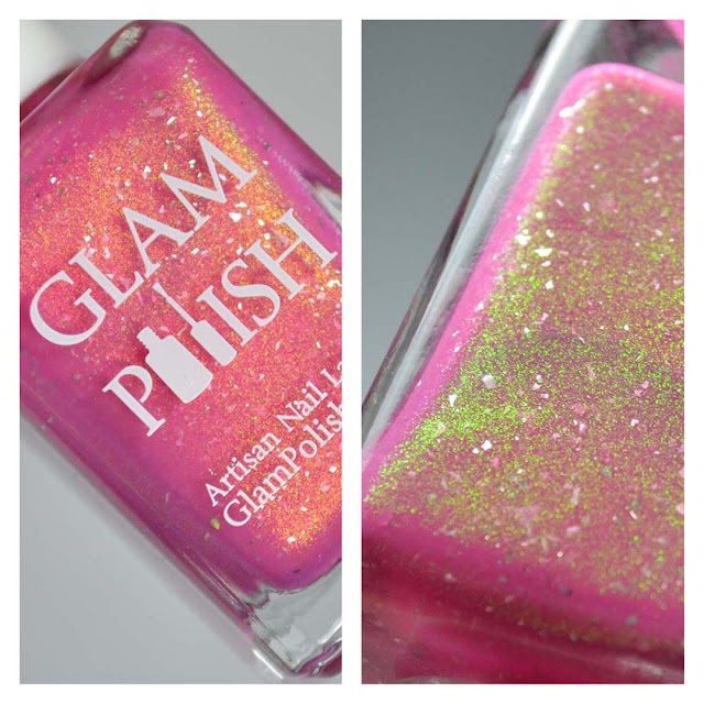 pink nail polish with shimmer in a bottle