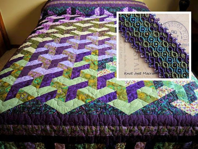 Quilt in purple and green colors inspired a macrame bracelet.
