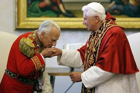 Pope Benedict XVI meets Knights of Malta Grand Master Fra Andrew Bertie during a mass celebrated at the Roman Hospital San Giovanni Battista of S.M.H.O in Rome