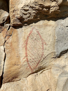 Pintura rupestre de Pez en la Cueva de la Serpiente a los alrededores de San Javier, Baja California Sur. Fotografía de diciembre del 2018.