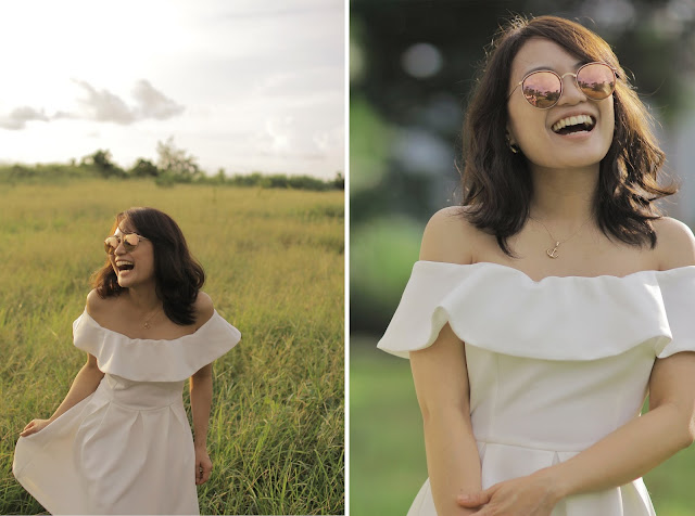 off-shoulder white dress, tagaytay, Rayban rose pink