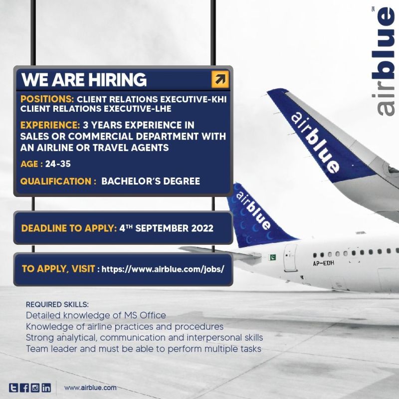 Latest Air Blue Airline Jobs For Client Relations Executive